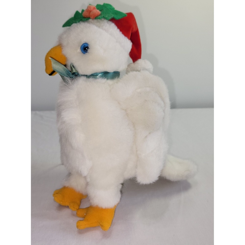Vintage Christmas Bird Plush White Holiday Stuffed Animal w/ Santa Hat 9"